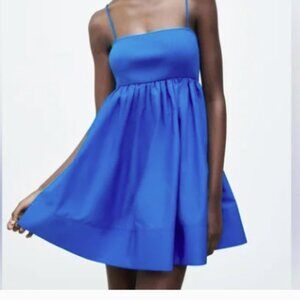 NWT Zara A-Line CONTRASTING VOLUMINOUS Mini DRESS Blue Size Medium (M)